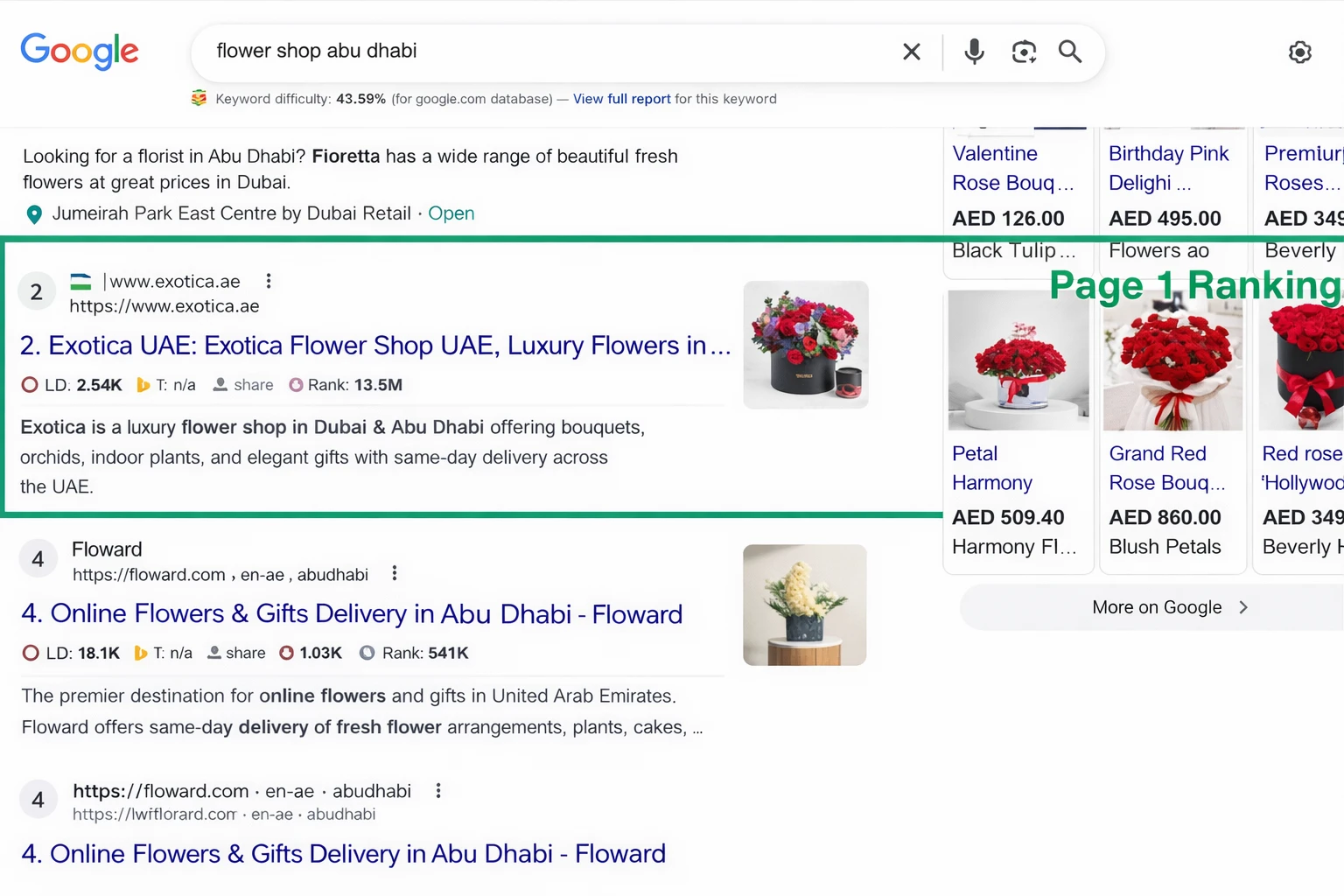 Google results for “flower shop abu dhabi” with Exotica UAE highlighted in a page 1 ranking position.